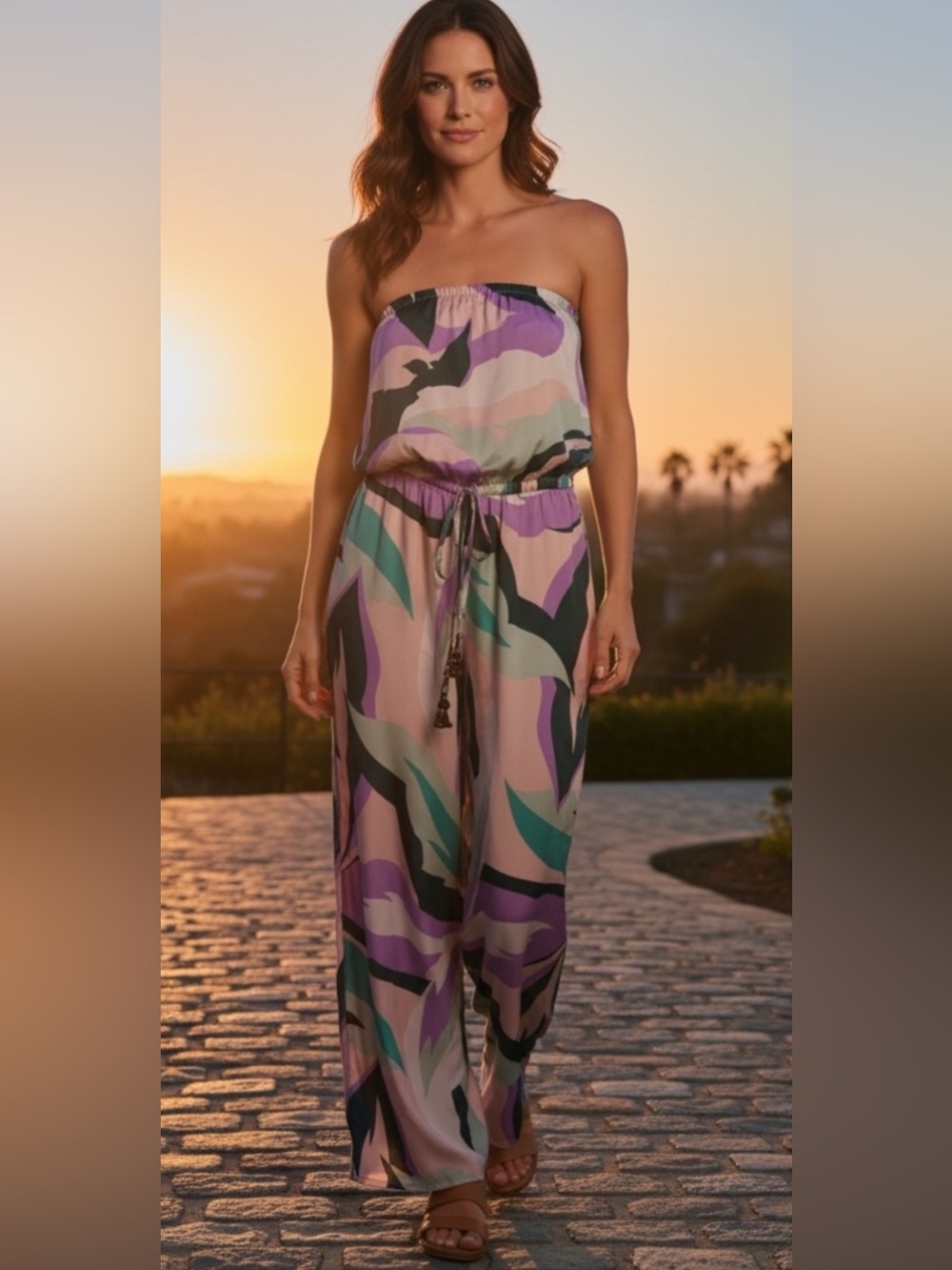 Strapless Abstract Print Jumpsuit in Lavender & Green